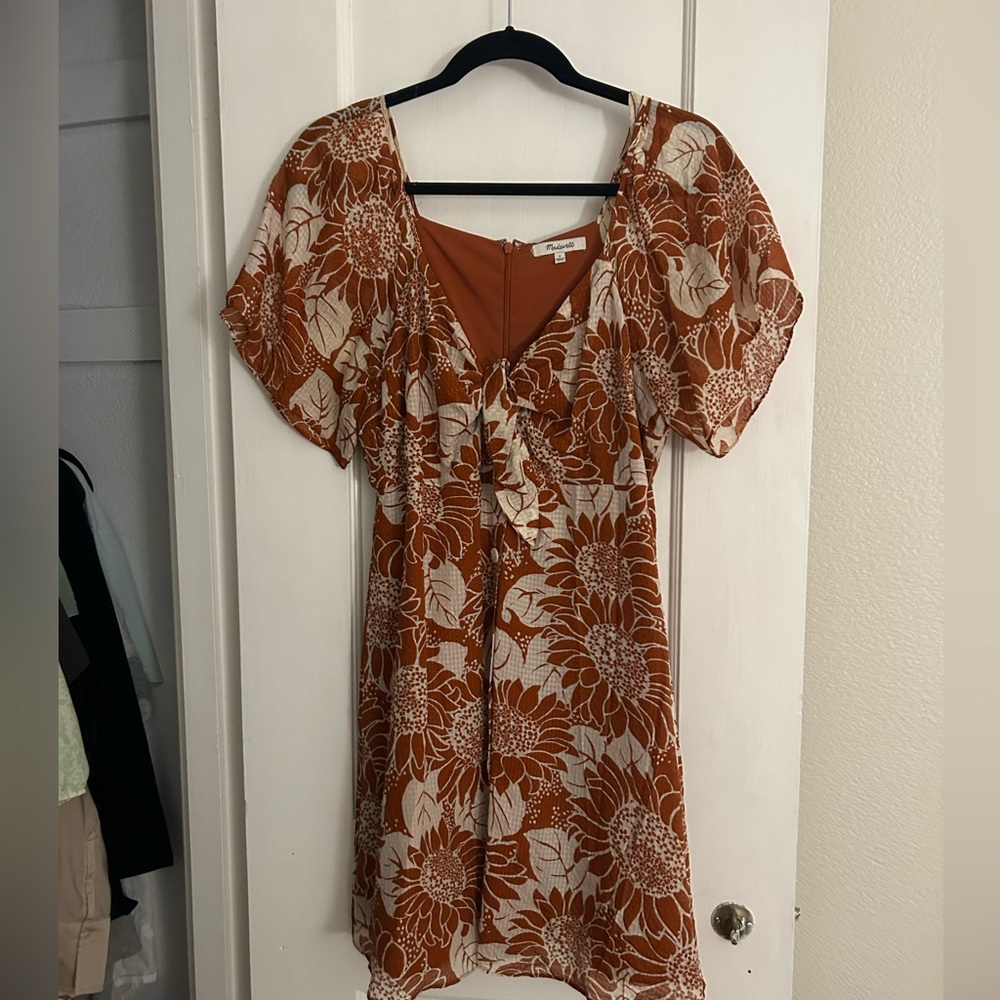 Burnt orange Madewell floral dress with tie front